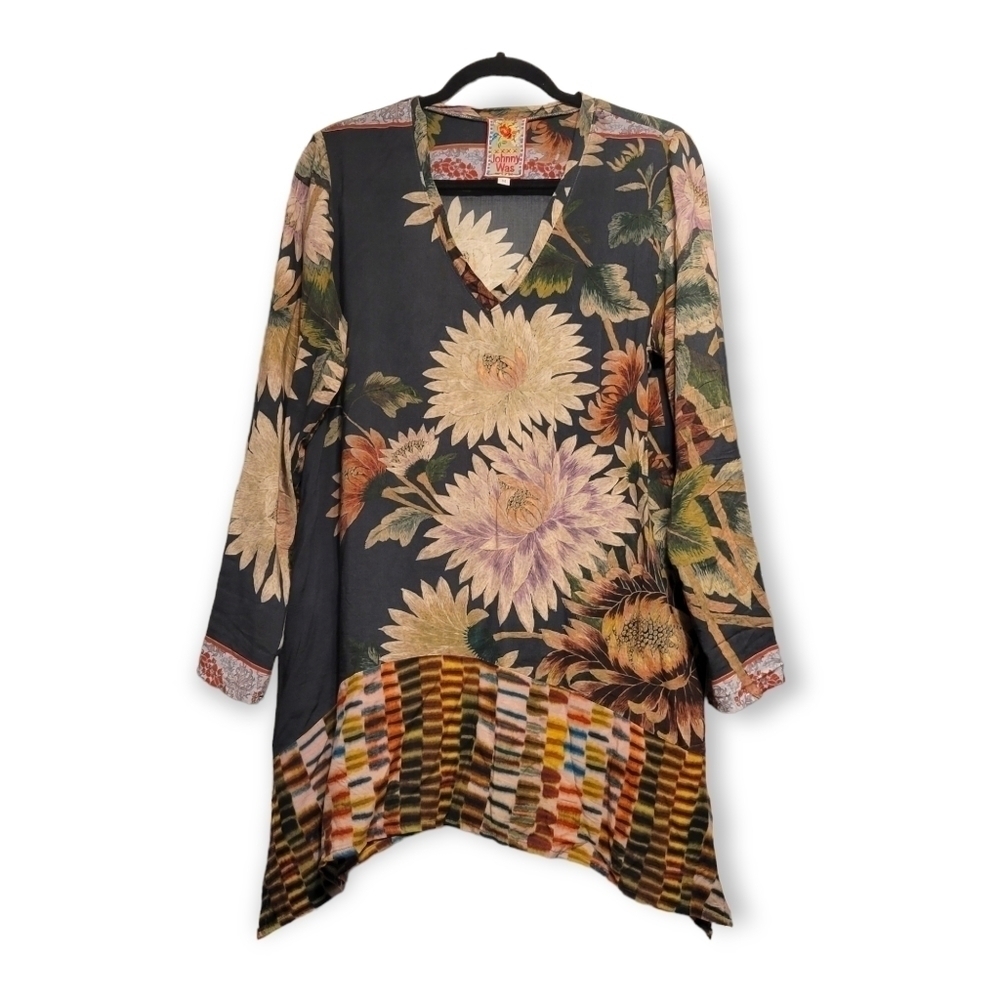Johnny Was Silk Chrysanthemum Floral Asymmetrical Tunic Top Medium